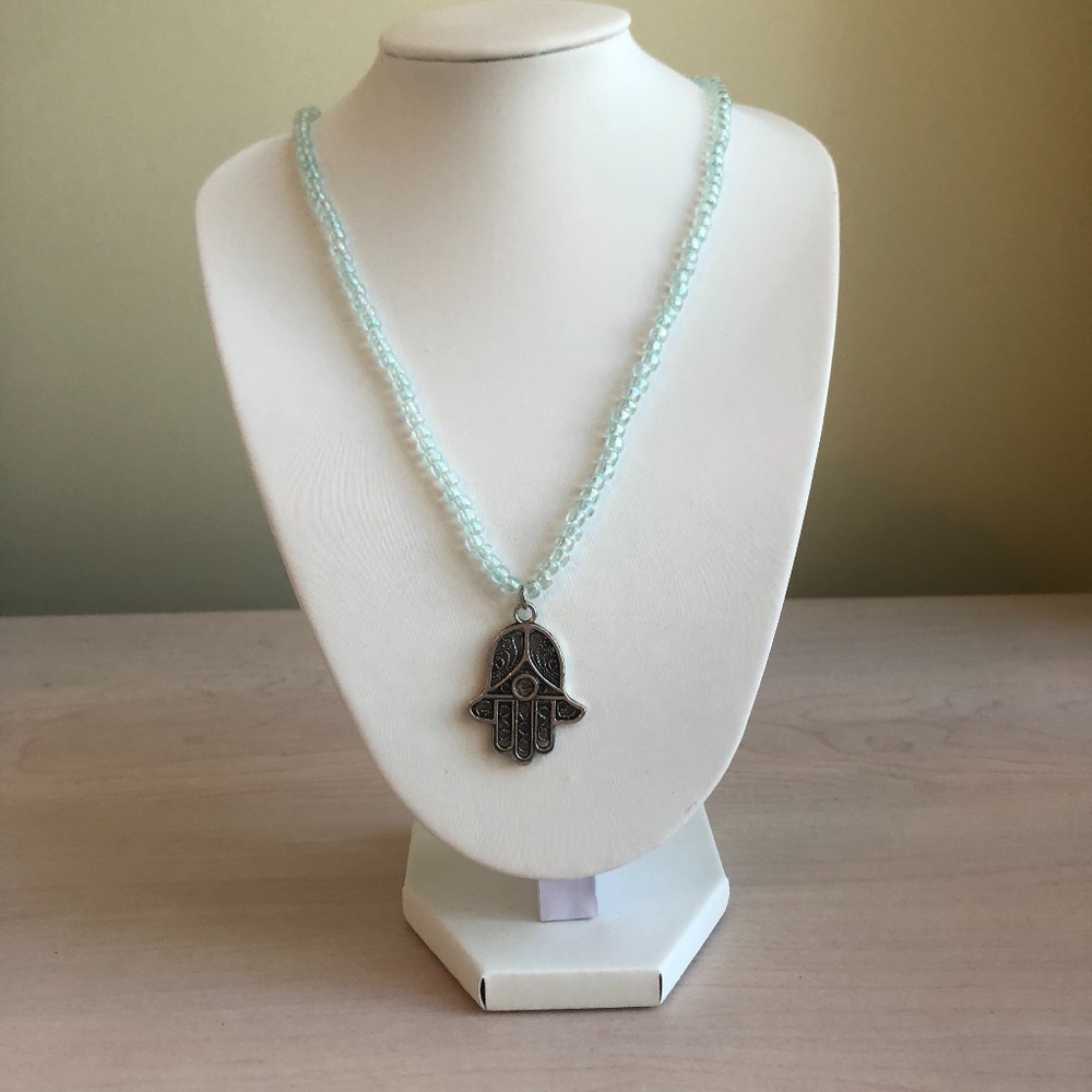 Handmade Light Pale Blue beaded Hamsa Necklace